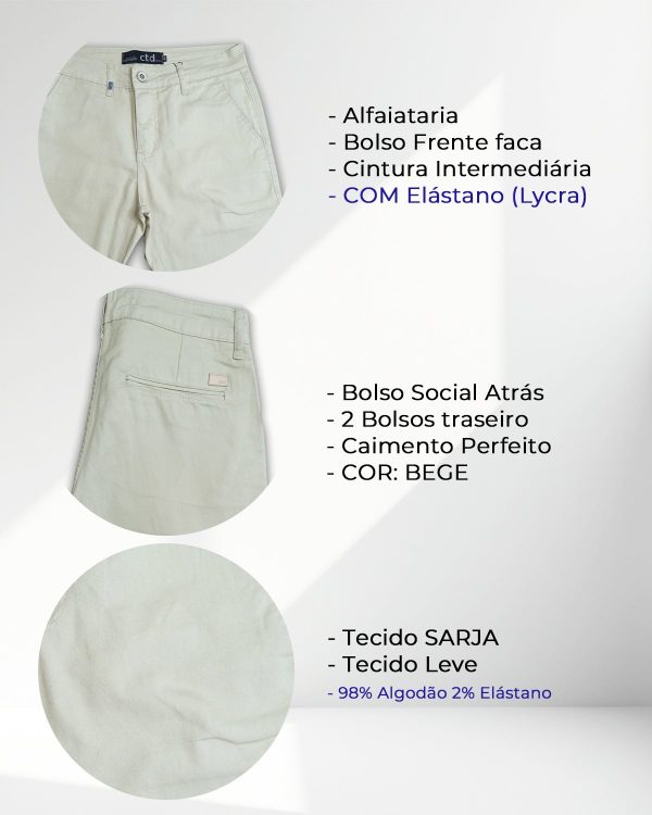 Bermuda Alfaiataria Masculina em Sarja Cor: Bege - Imagem 3