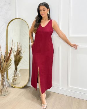 Vestido Regata Fenda Frente Decote V Viscose Sarjada