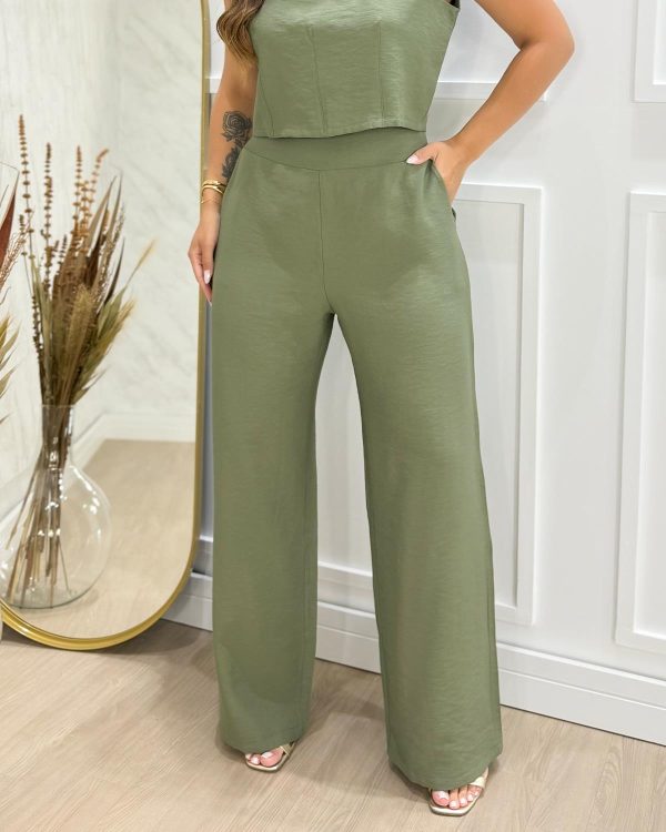 Calça Pantalona com Elástico Costa Viscose Sarjada