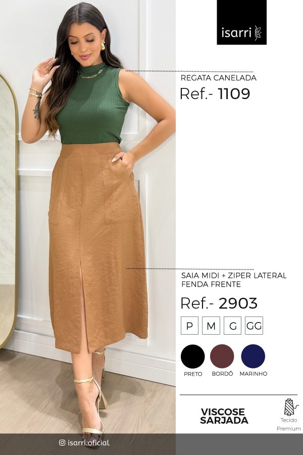 Saia MIDI Zíper Lateral Fenda Frente em Viscose Sarjada - Imagem 5