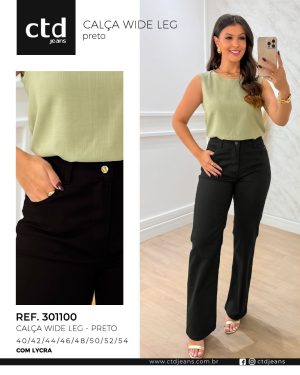 Calça Feminina Wide Leg Preta com Lycra