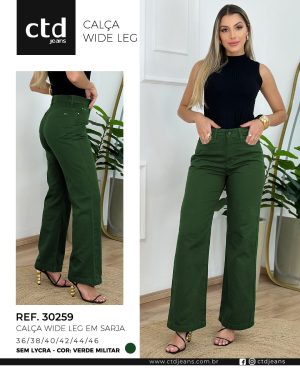 Calça Feminina Wide Leg em Sarja Verde Militar