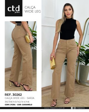 Calça Feminina Wide Leg em Sarja Caramelo com Lycra