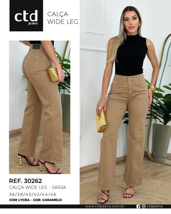 Calça Feminina Wide Leg em Sarja Caramelo com Lycra